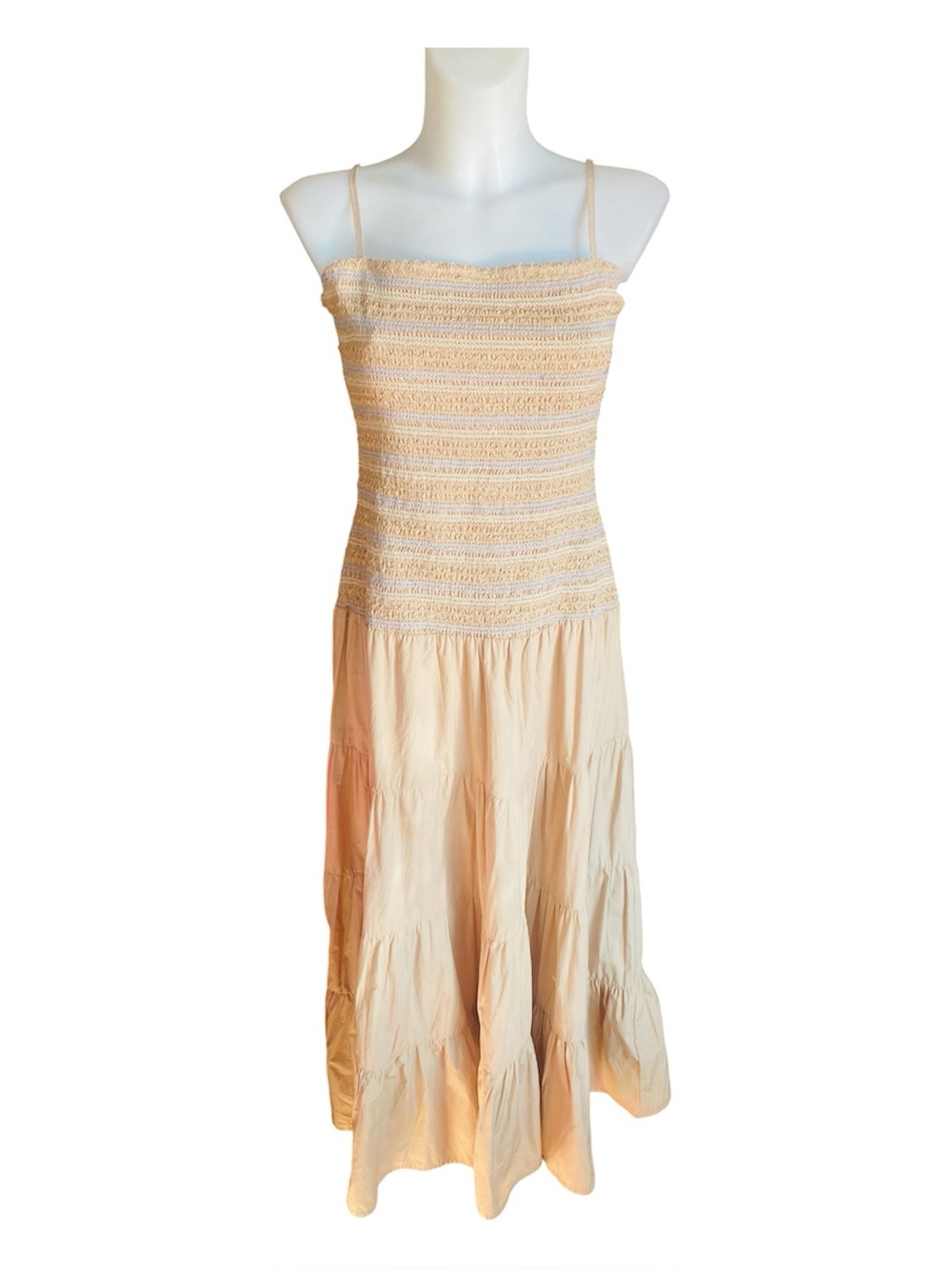 Zara Embroidered Smocked Midi Dress in Beige Linen Large